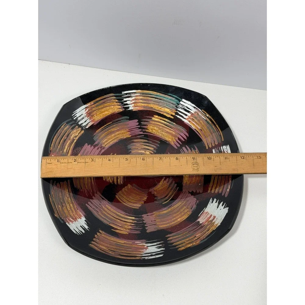 Signed Studio Art Glass Hand Painted Abstract Swirl Plate Black Gold‎ 11.5 Inch